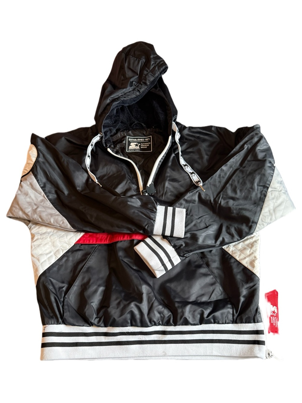 STARTER Black Hooded Bomber Jacket with White and Red Accents